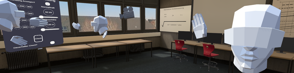 Im virtuellen BIM-Labor winkt ein abstrakter VR-Avatar, bestehend aus Kopf und Händen, in die Kamera. Im Hintergrund betrachten zwei weitere Avatare ein Bedienfeld mit verschiedenen Knöpfen und Schiebereglern und scheinen sich darüber auszutauschen. Eine schwebende Kamera beobachtet die beiden Avatare im Hintergrund.