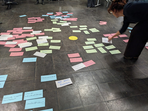 Ideathon - die ganze GLASBOX wird genutzt auf dem Steinboden der GLASBOX liegen verschiedene Metaplankarten eines Brainstormings mit Begriffen assoziiert zum Haus der Inklusion