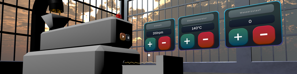 Eine virtuelle Fabrikumgebung bei Sonnenuntergang zeigt ein 3D-Modell einer industriellen Extrudermaschine. Schwebende digitale Bedienfelder zeigen einstellbare Werte mit deutschen Beschriftungen wie Drehzahl 200 U/min, Düsenteperatur 140 °C und Wasserzulauf 0.