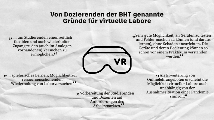 Auswahl von Antworten von Dozierenden der BHT auf die Frage "Wenn ja, aus welchen Gründen denken Sie, sollten Versuche digitalisiert werden?". Auswahl von Antworten von Dozierenden der BHT auf die Frage "Wenn ja, aus welchen Gründen denken Sie, sollten Versuche digitalisiert werden?".